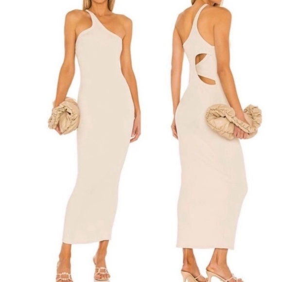 The Line by K Dresses & Skirts - The Line by K Gael Asymmetrical One Shoulder Ribbed Maxi Dress in Oat Tan M